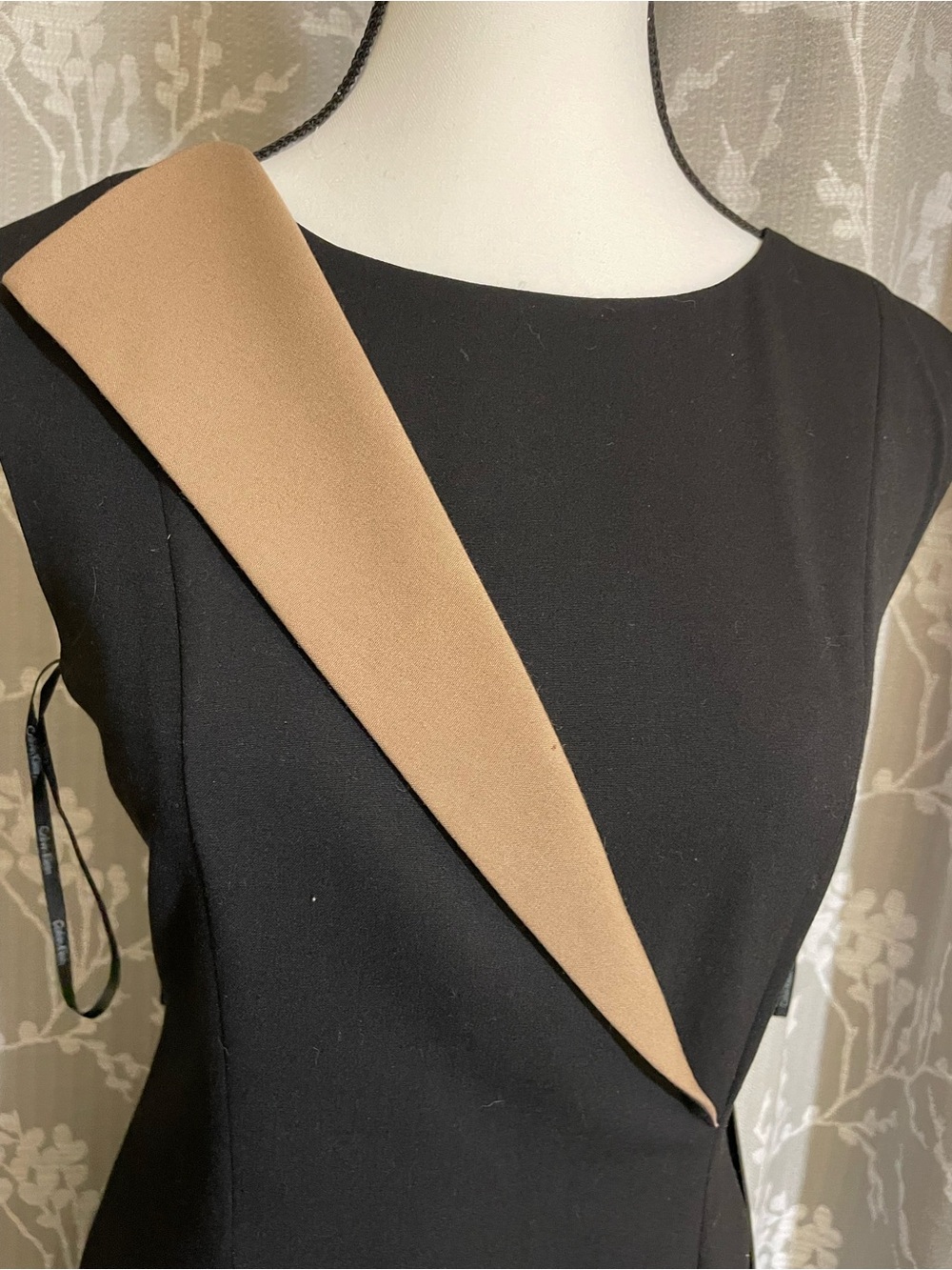Calvin Klein Black One-Shoulder Sheath Dress with Camel Accent